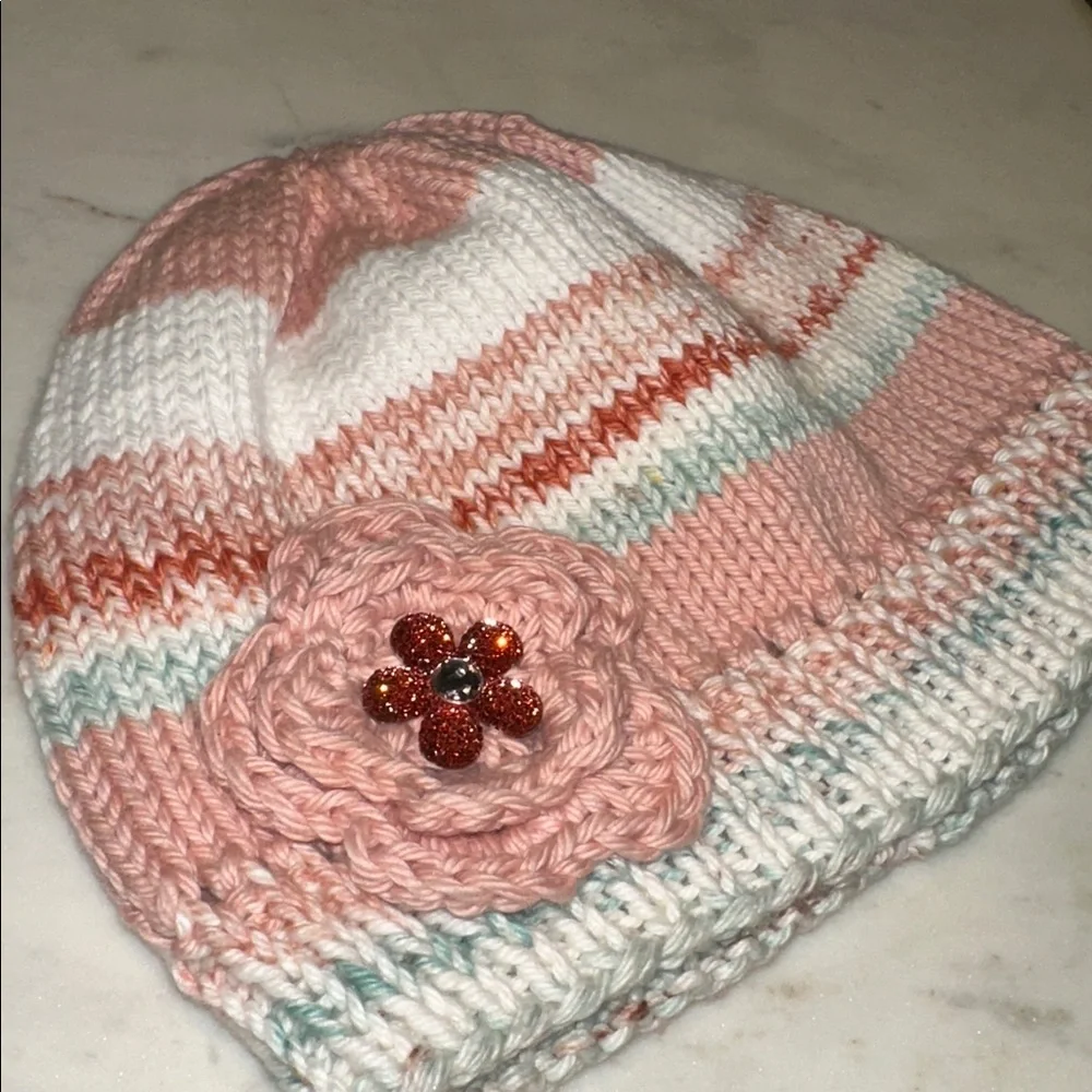 Charming Pink and White Kids Beanie with Flower Accent